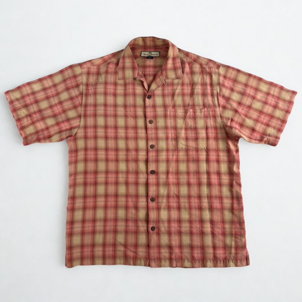 Tommy Bahama Silk‎ Camp Shirt Mens M Button Up Coral Plaid Relax Tropical Resort